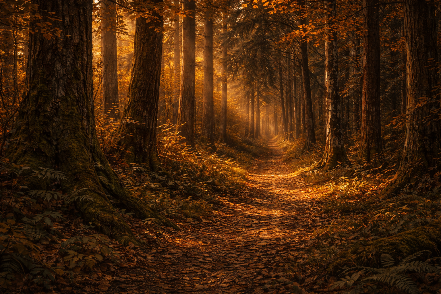Golden afternoon light filtering through the Ukrainian autumn forest canopy